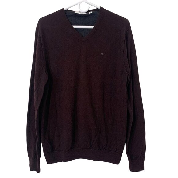 Calvin Klein Burgundy 100% Italian Merino Wool V-Neck Sweater Mens SZ L - Picture 1 of 6